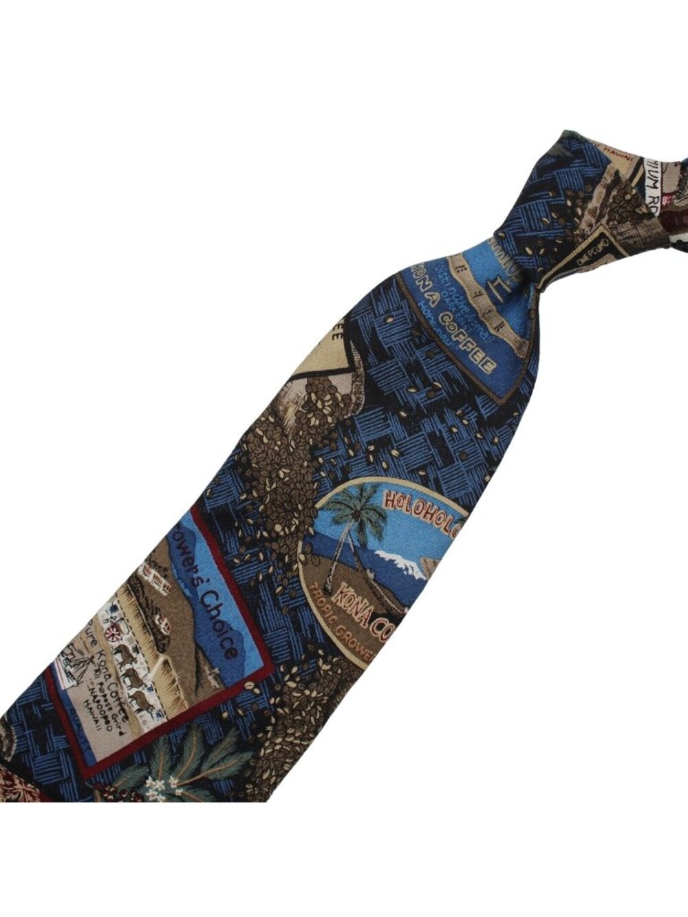 Reyn Spooner Adolfo Kona Coffee Labels Hawaiian Necktie Navy Blue Italian Silk